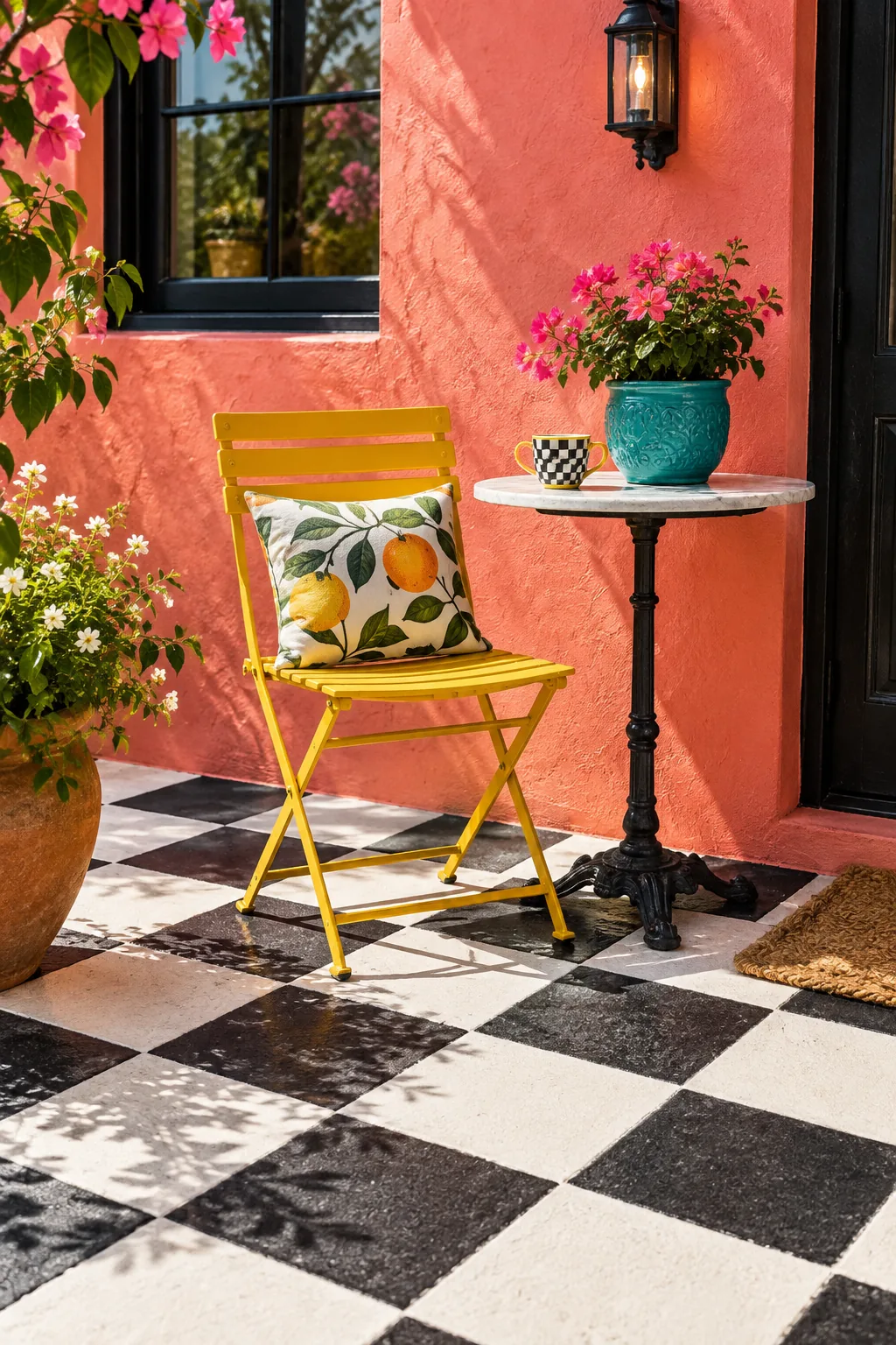 Concrete patio painted in a black and white checkerboard pattern