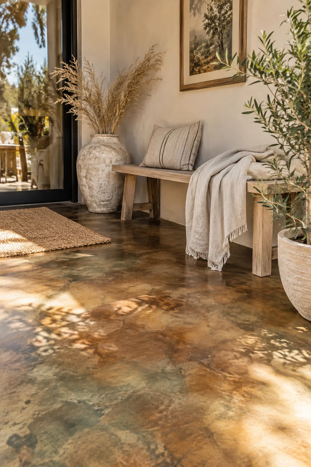 Concrete patio finished with a mottled brown acid-based stain