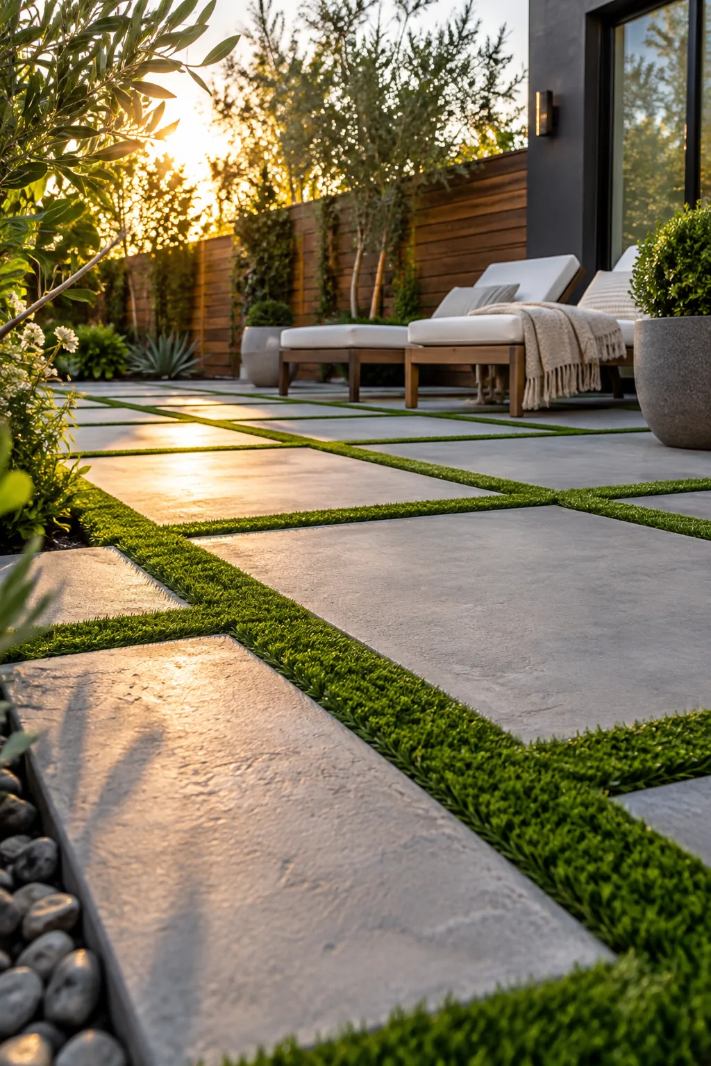 Concrete patio slabs separated by thin strips of bright green artificial turf