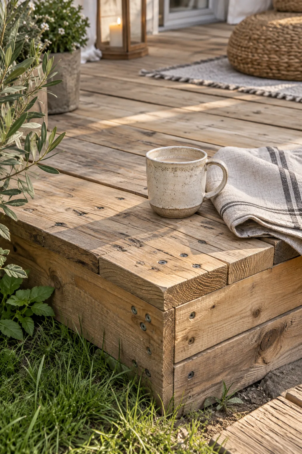 Rustic raised patio deck built from reclaimed shipping pallet wood