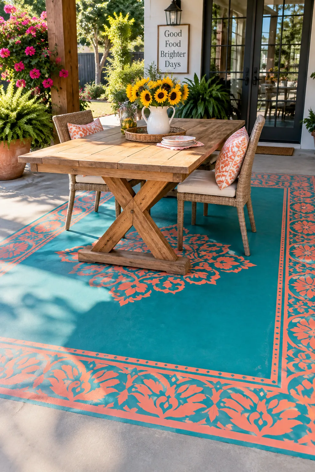 Faux area rug painted and stenciled directly onto a concrete patio floor
