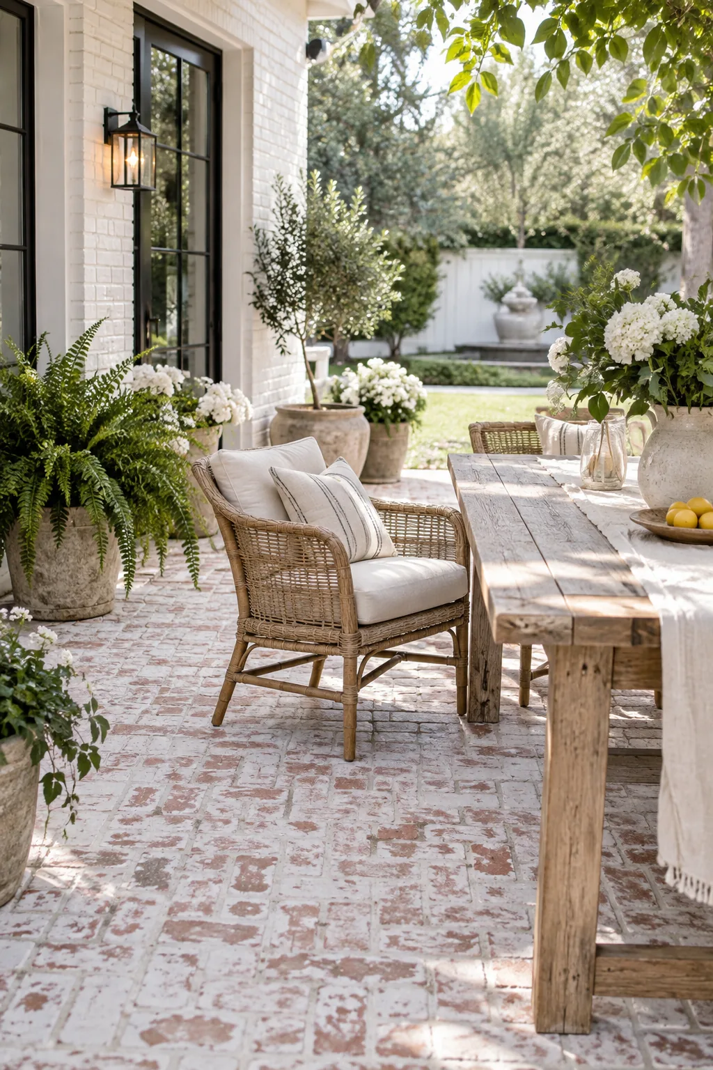 Old red brick patio given a muted, chalky whitewash finish
