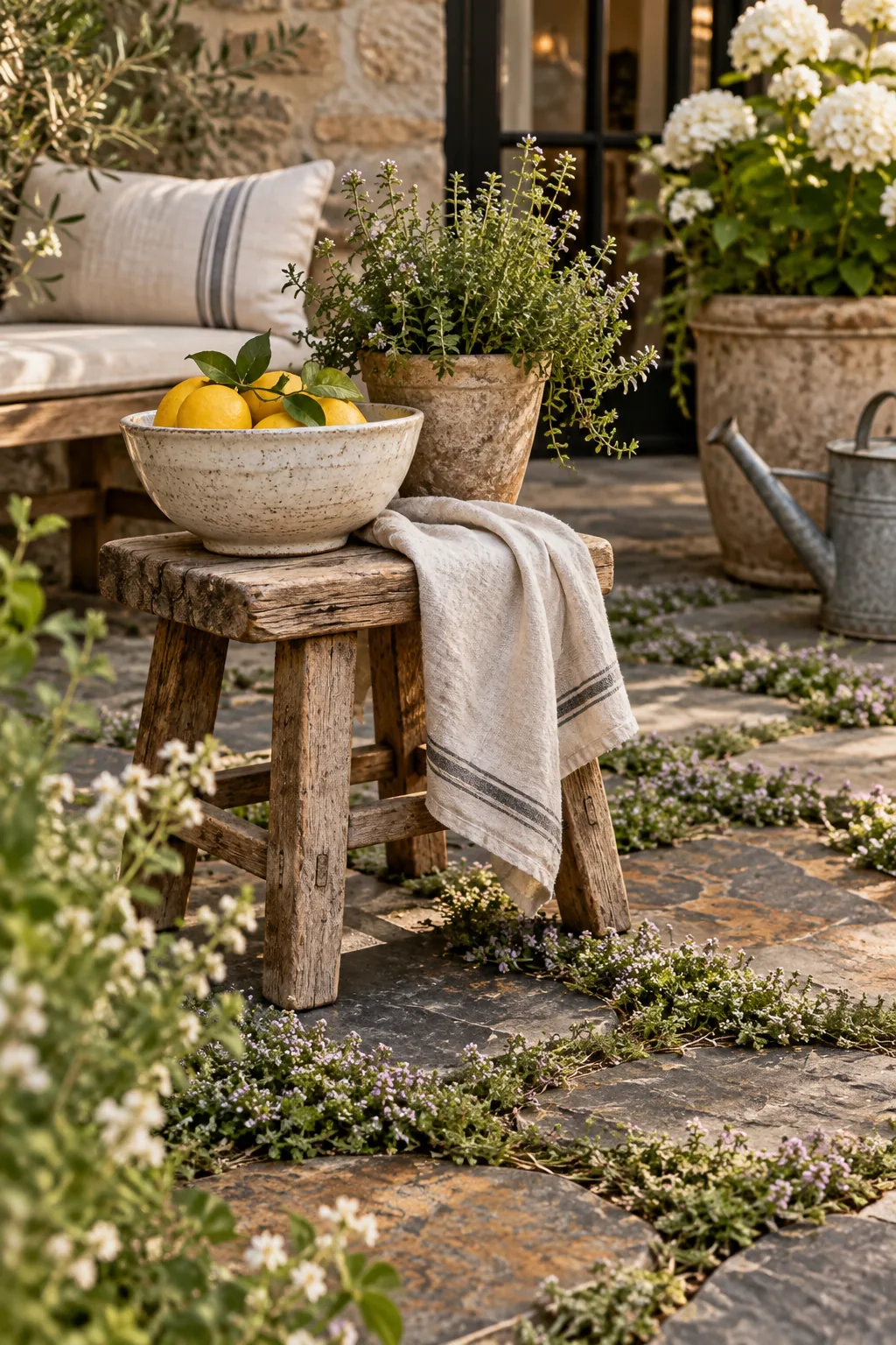 Irregular slate flagstones laid in sand with creeping thyme growing in the gaps