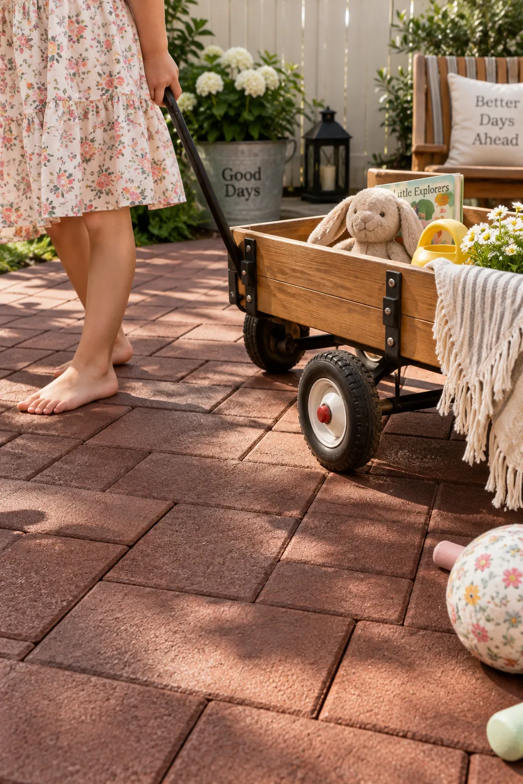 Red recycled rubber pavers installed over an old concrete patio