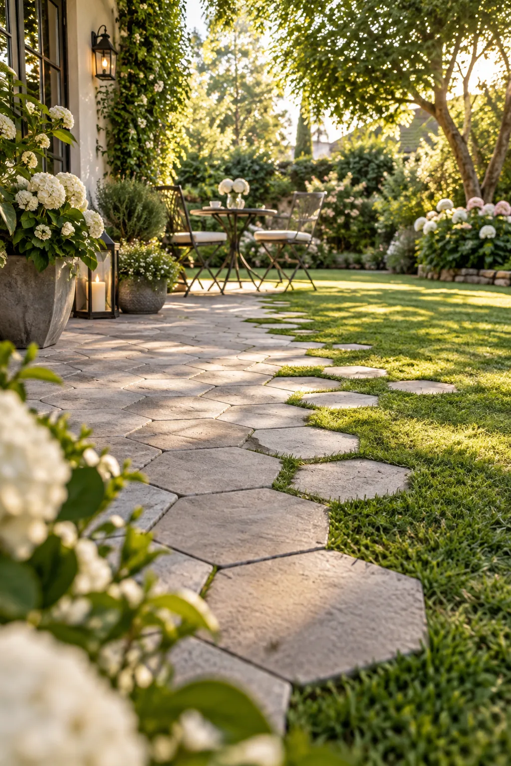 Concrete hexagon pavers fading organically into a green lawn