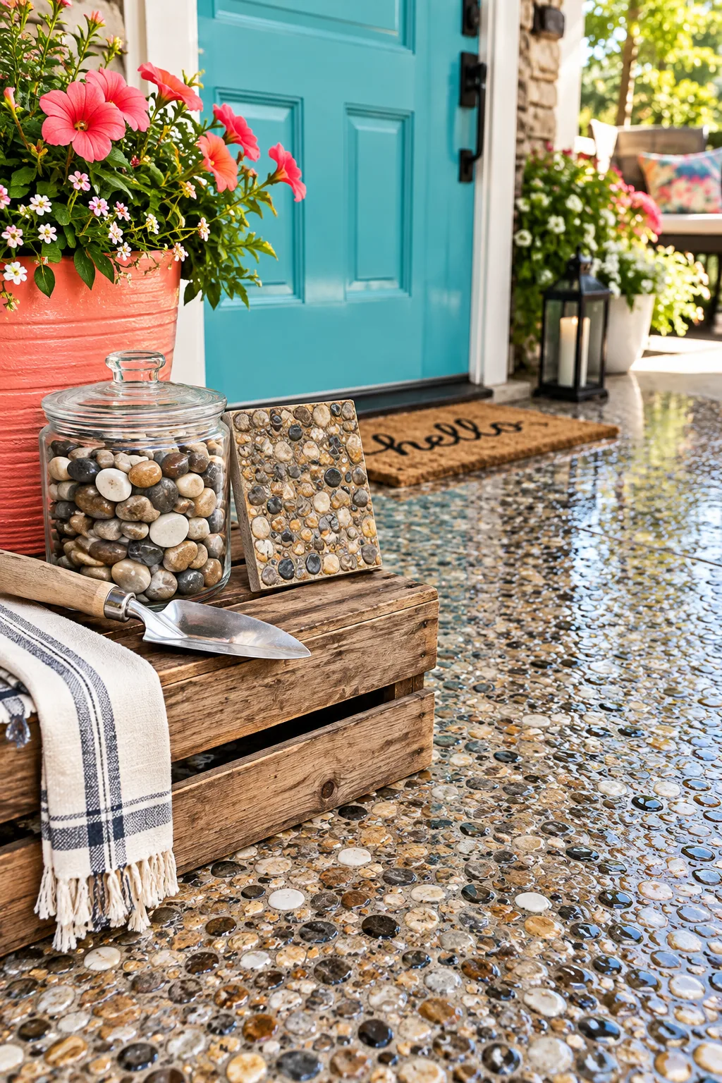 Textured epoxy pebble coating troweled over an old concrete patio