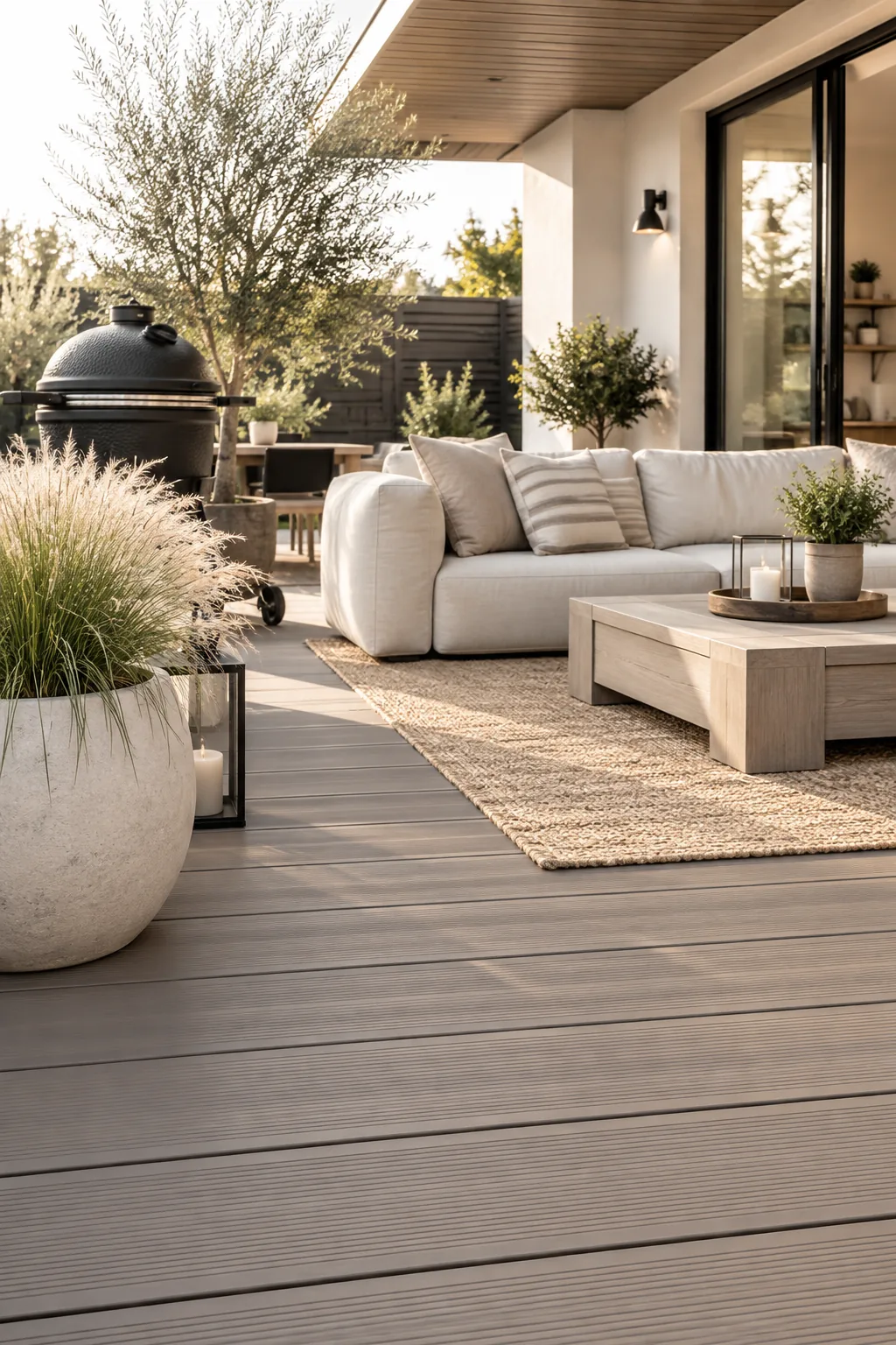 Modern composite decking installed on a low frame over a concrete patio