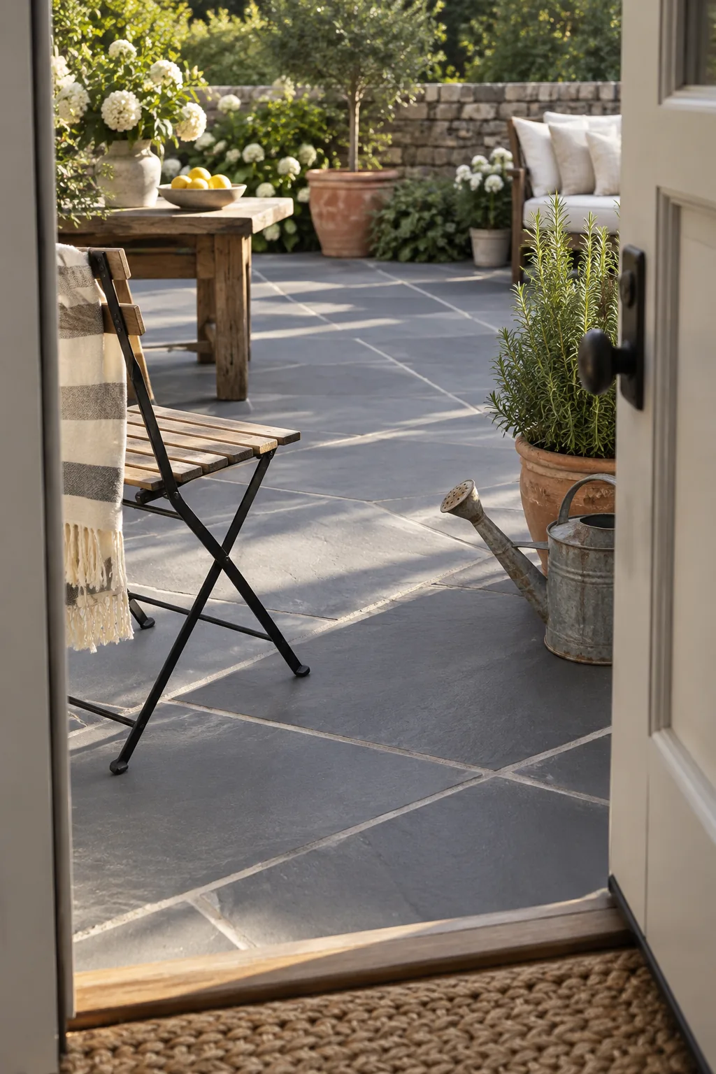Concrete patio painted slate gray with masking tape removed to reveal faux grout lines