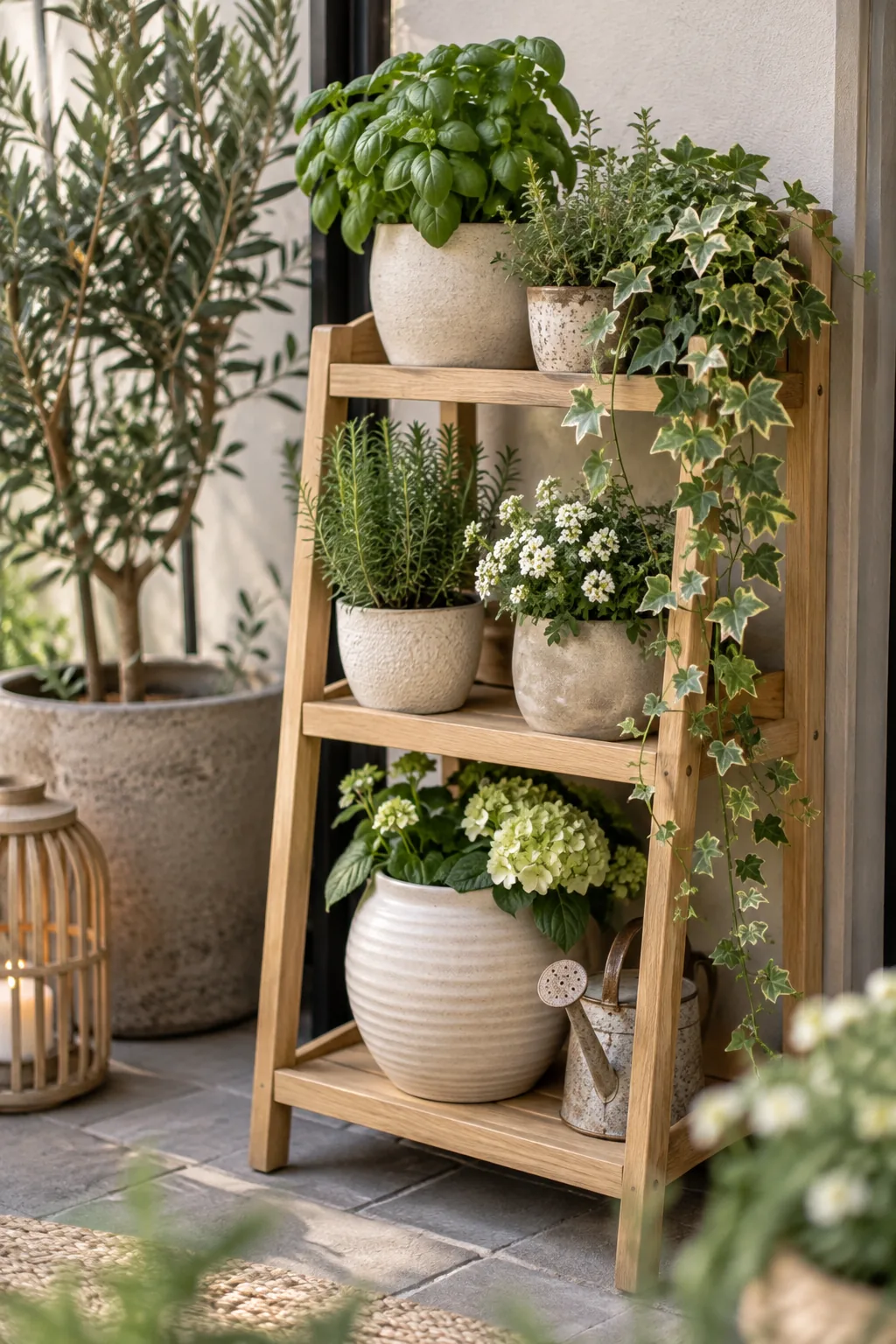 Three-tiered wooden plant stand filled with potted ferns and trailing ivy on a concrete patio.