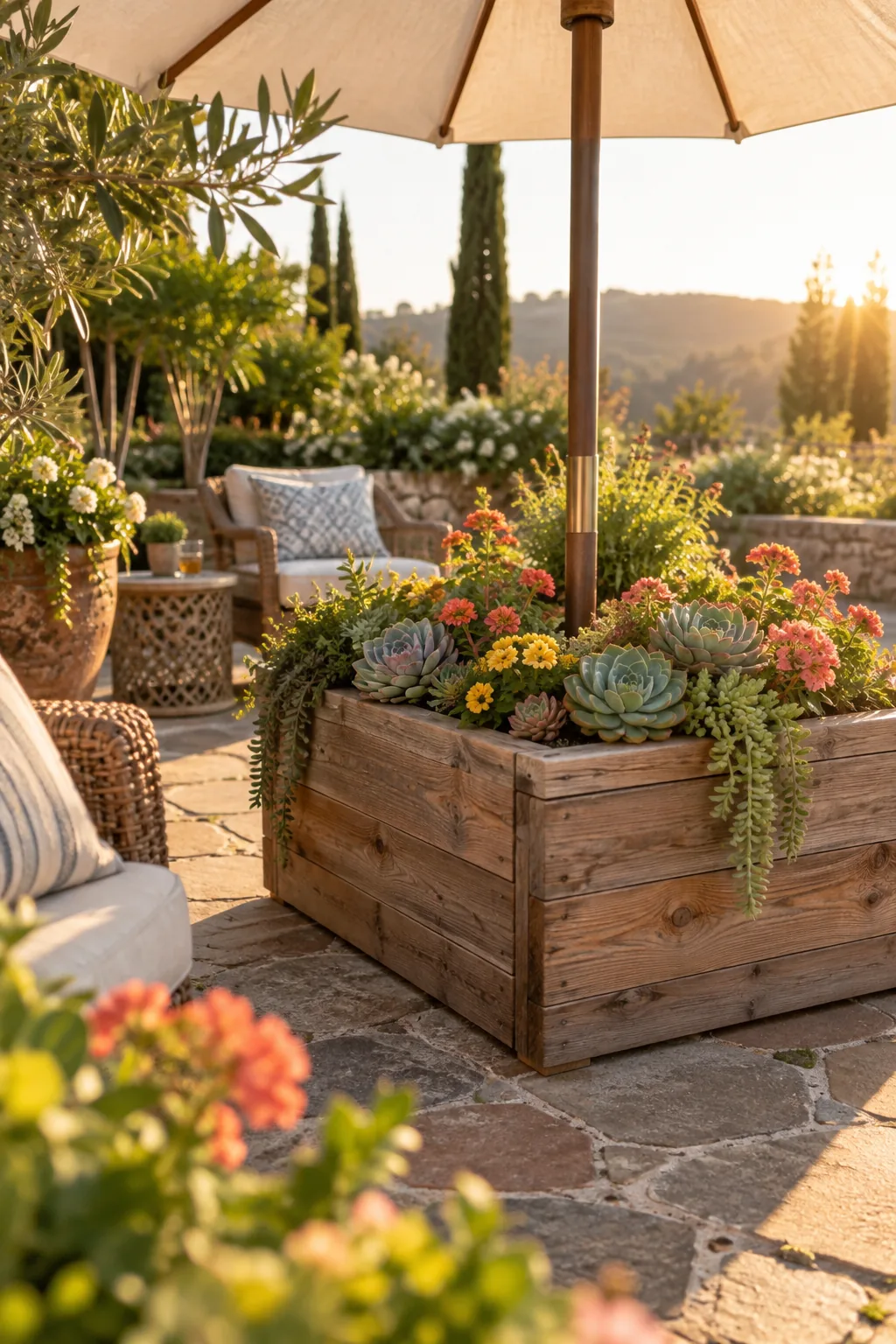 Wooden planter box built around a patio umbrella pole, filled with bright yellow succulents.