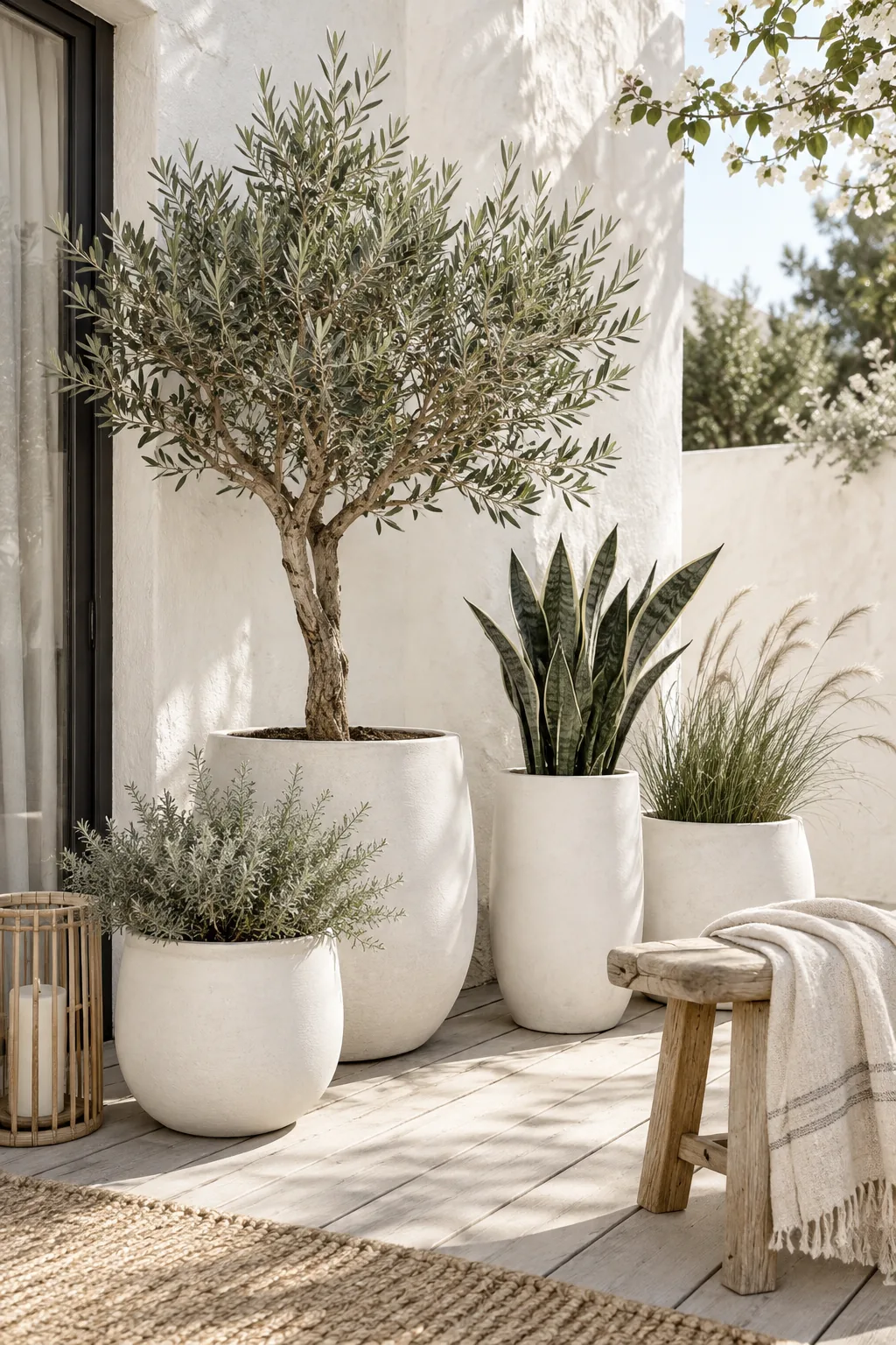 Collection of matte black planters holding structural green agave plants on a modern patio.