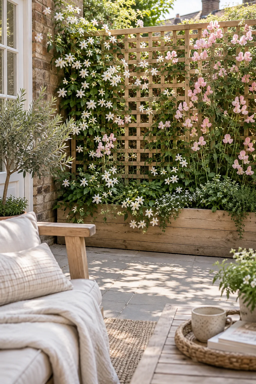 Wooden lattice leaning against a brick wall with climbing jasmine growing up from a base trough.