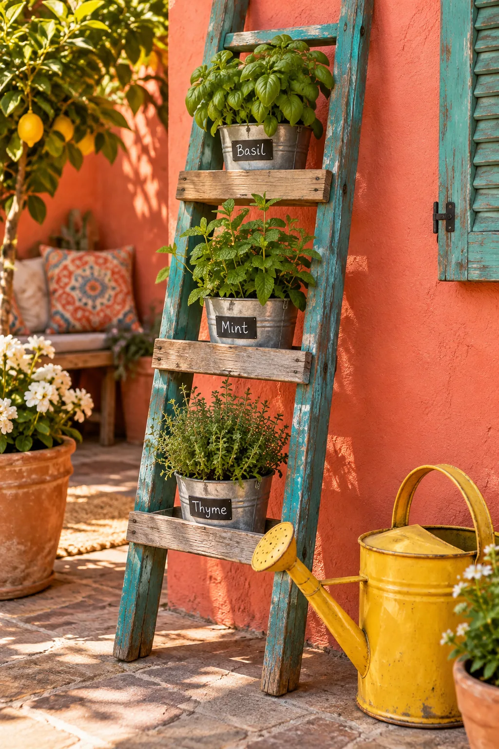 Vintage wooden ladder holding small galvanized buckets filled with fresh herbs.