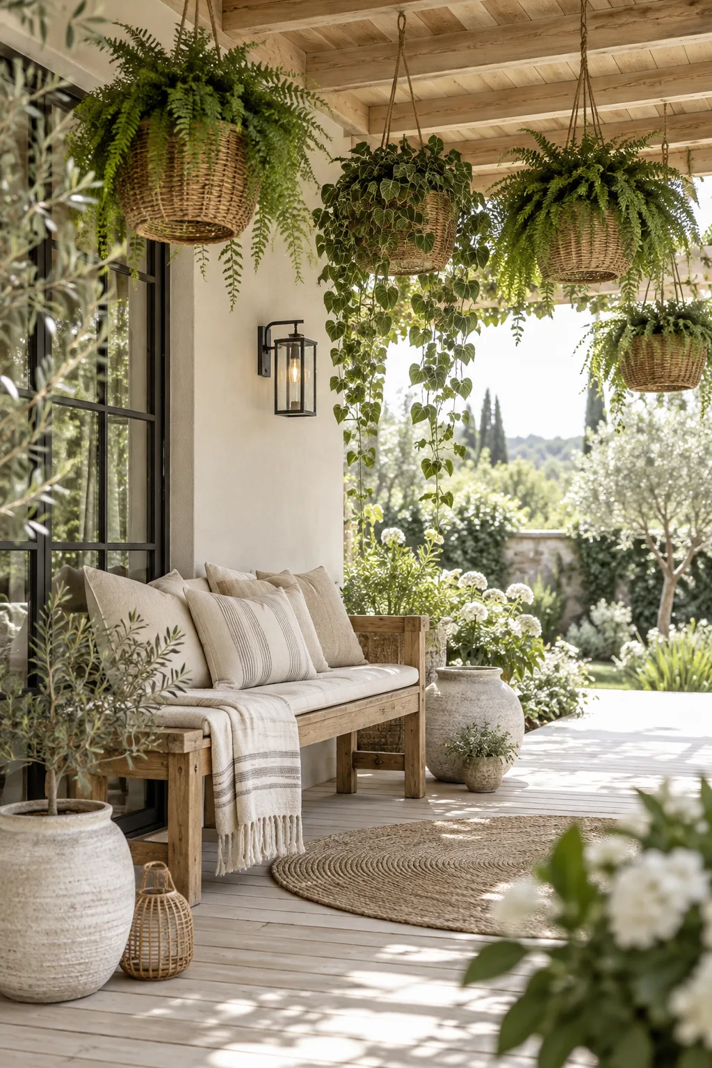 Rattan hanging baskets filled with trailing ferns suspended from a covered patio ceiling.