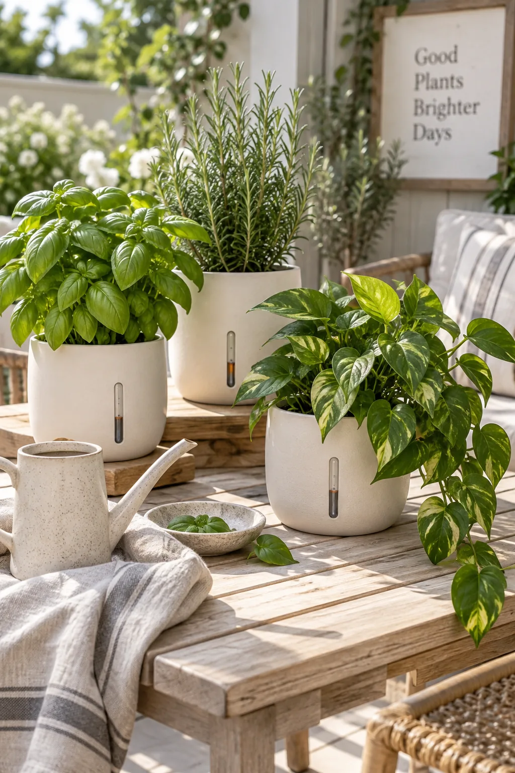 Large modern self-watering planter with a water level indicator holding a healthy fiddle leaf fig.
