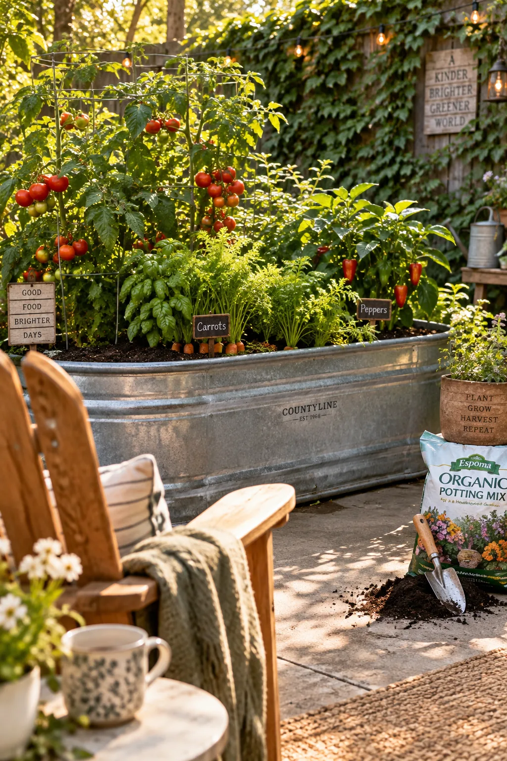 Large oval galvanized steel water trough filled with soil and growing tomato plants on a patio.