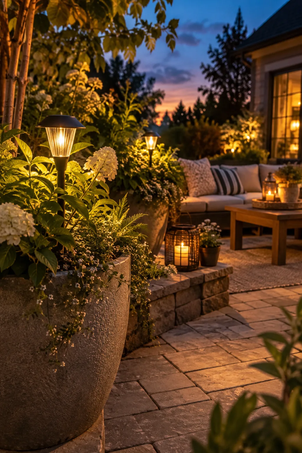 Large patio planter illuminated at night by a small solar pathway light staked into the soil.