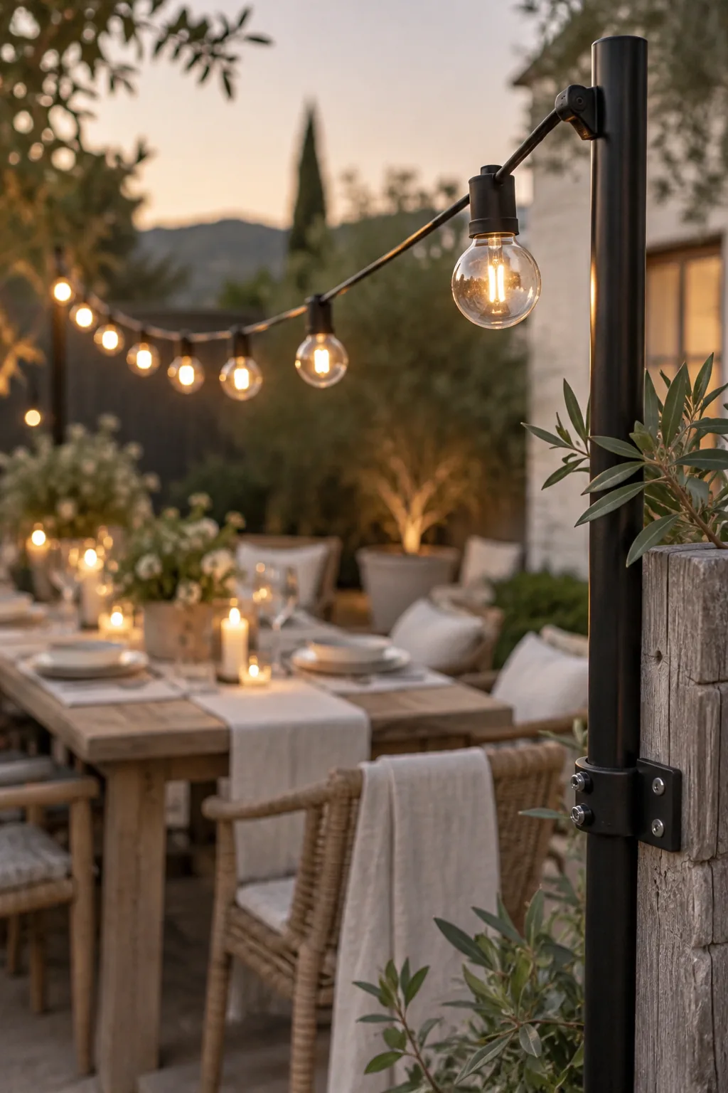 Bistro string lights hung in a zigzag pattern over a patio dining table