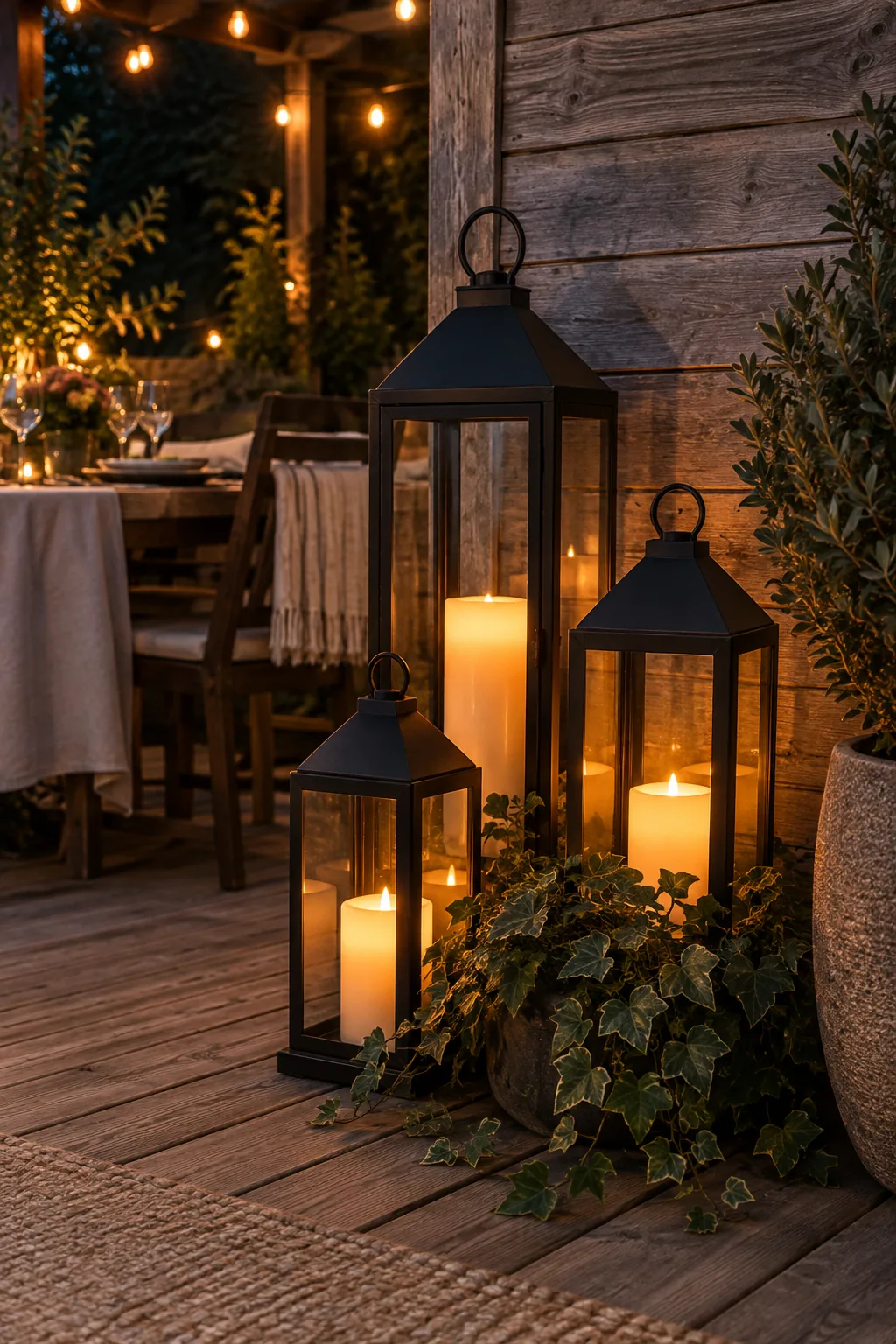 Three different sized black metal floor lanterns grouped in a patio corner