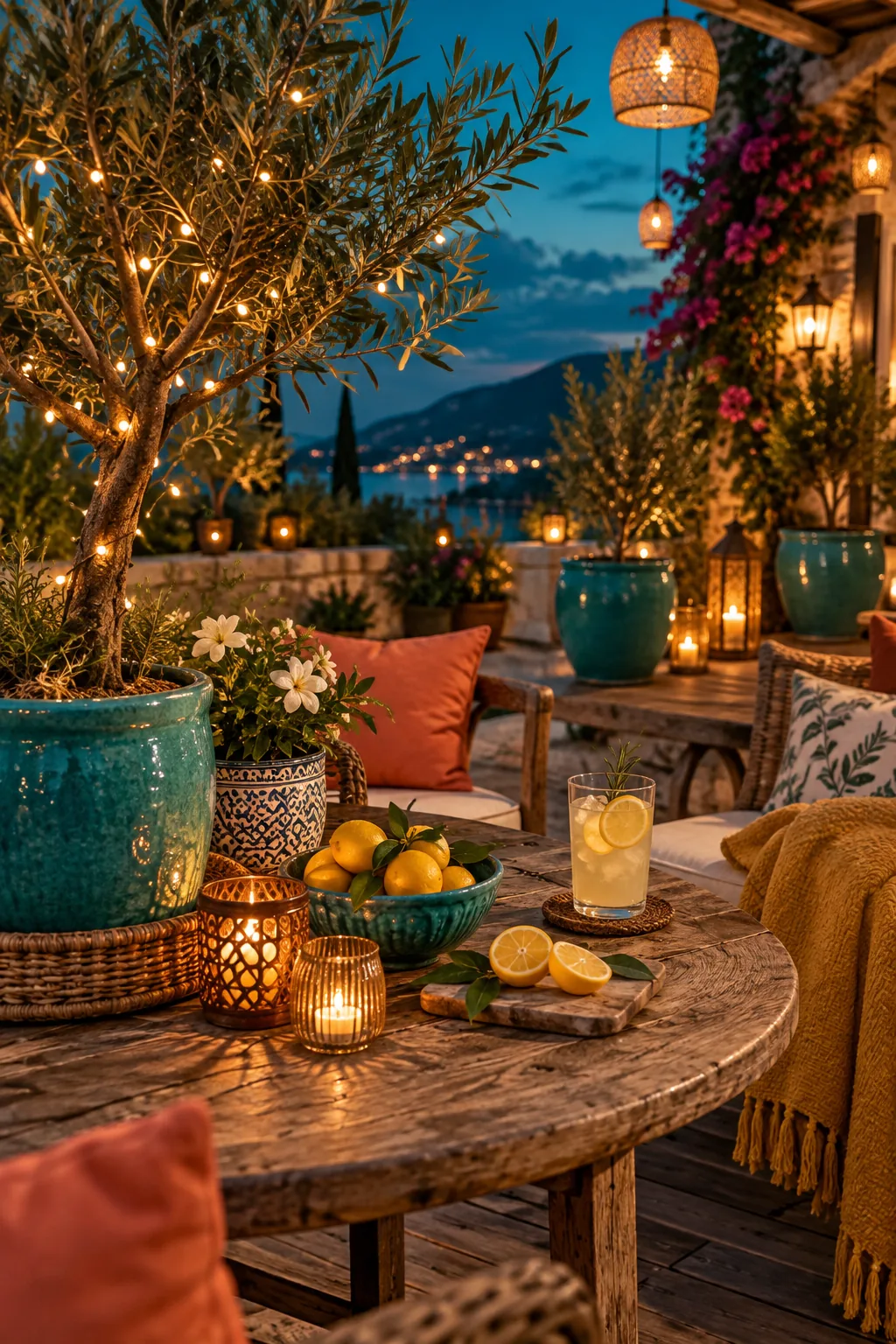 Copper fairy lights woven through the branches of a potted olive tree on a wooden deck