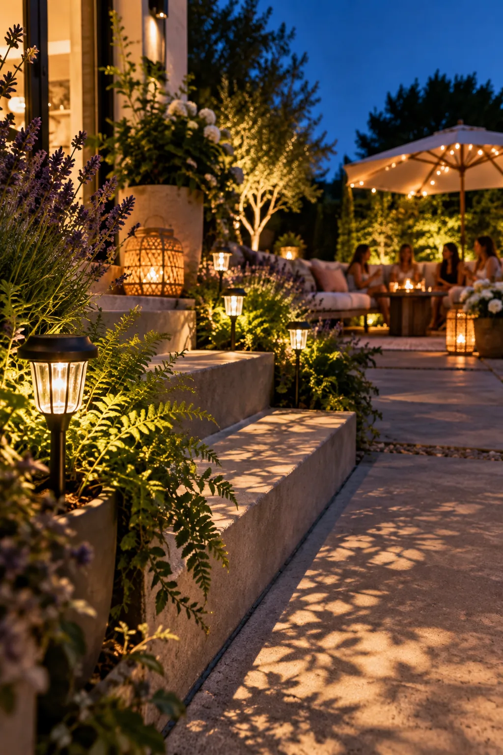 Warm white solar pathway lights pushed into the soil of a border planter