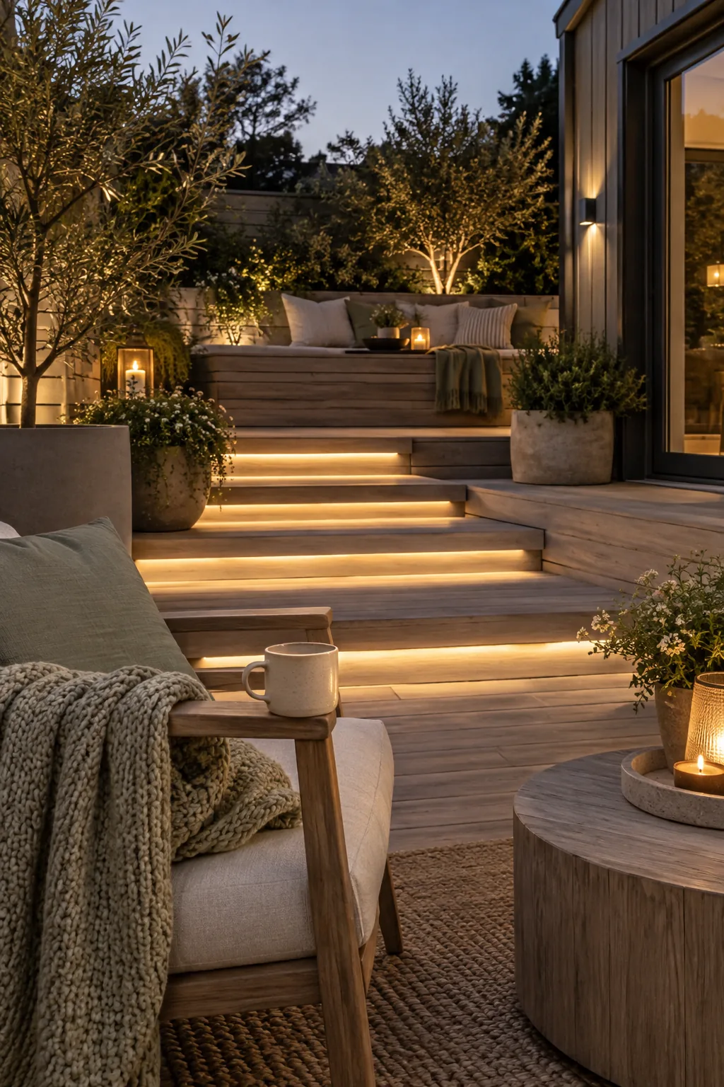 Hidden LED light strips glowing from underneath wooden deck stairs