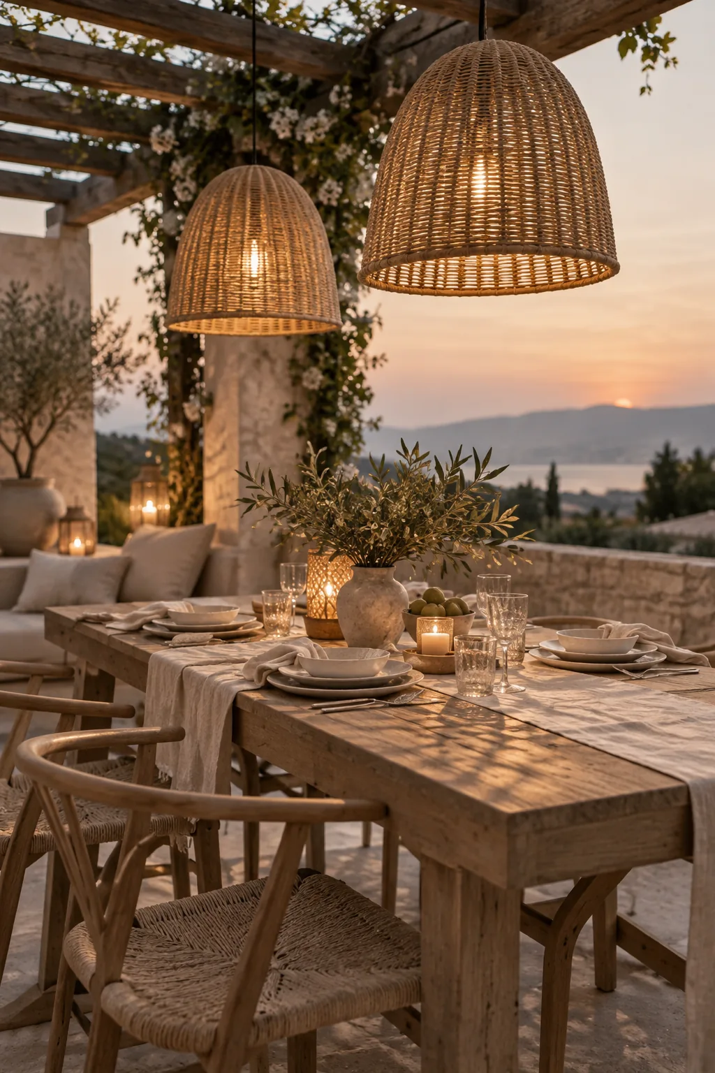 Woven rattan pendant lights hanging from a pergola over an outdoor dining table