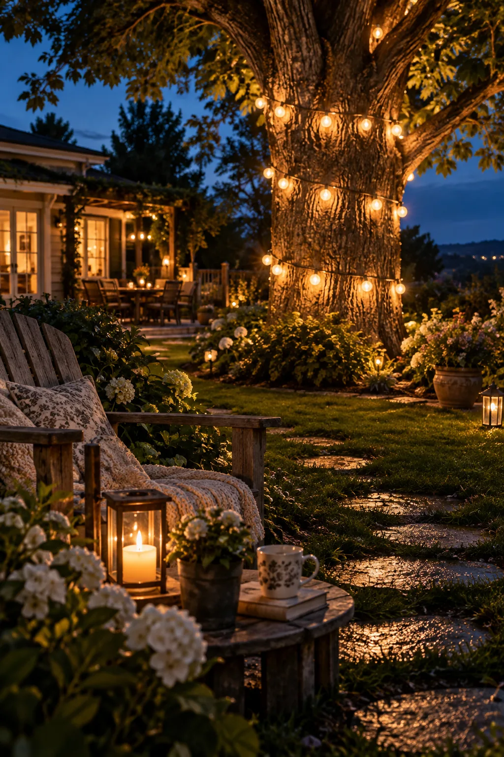Globe string lights wrapped tightly around a large tree trunk in a backyard