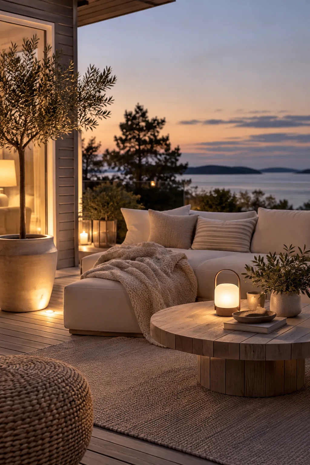 A small, modern portable table lamp sitting on an outdoor coffee table