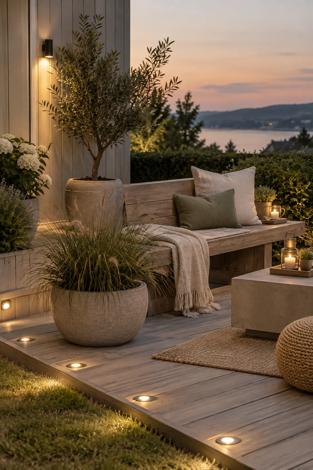 Small stainless steel flush lights installed along the edge of a wooden deck