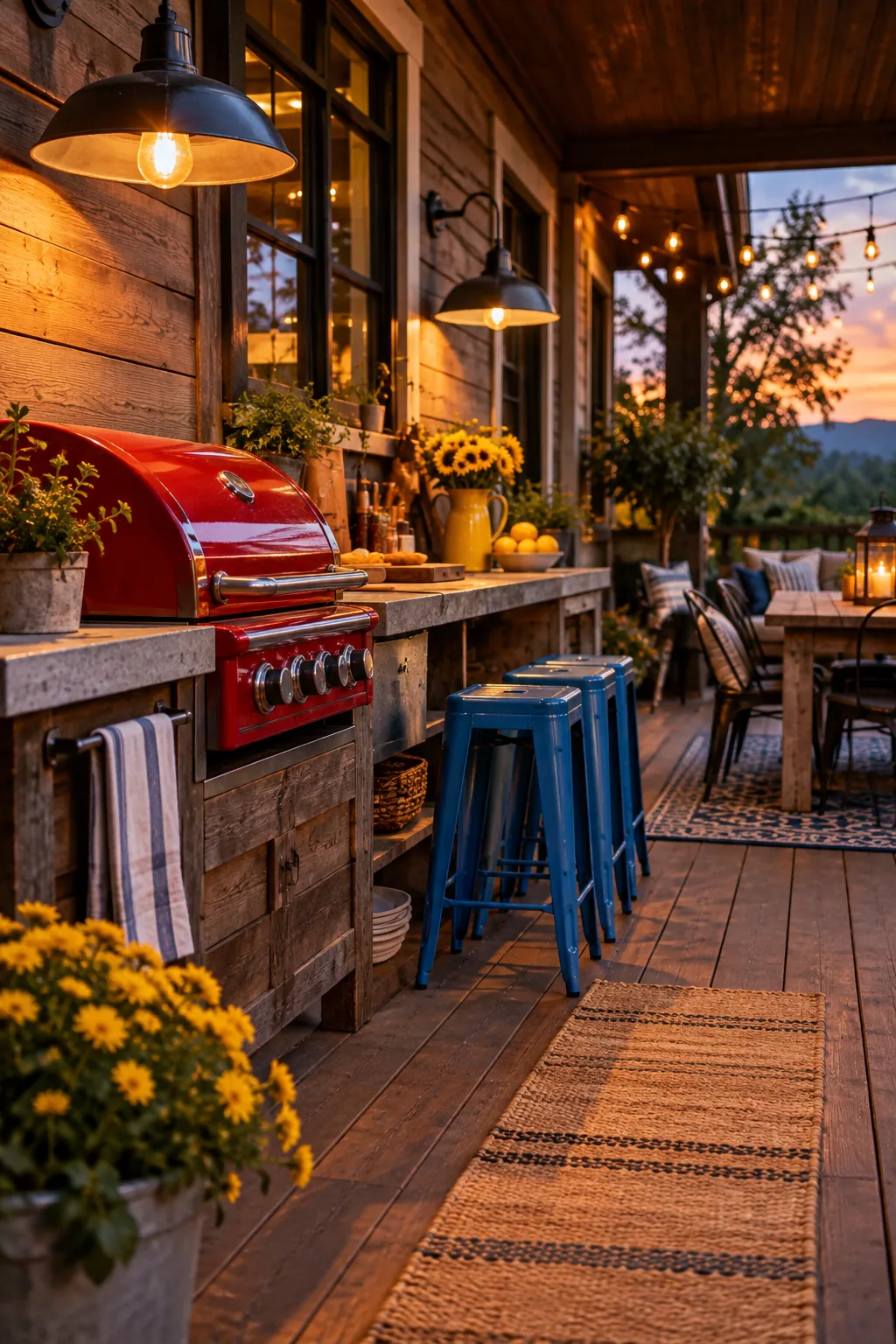 Galvanized metal barn lights mounted above an outdoor barbecue station