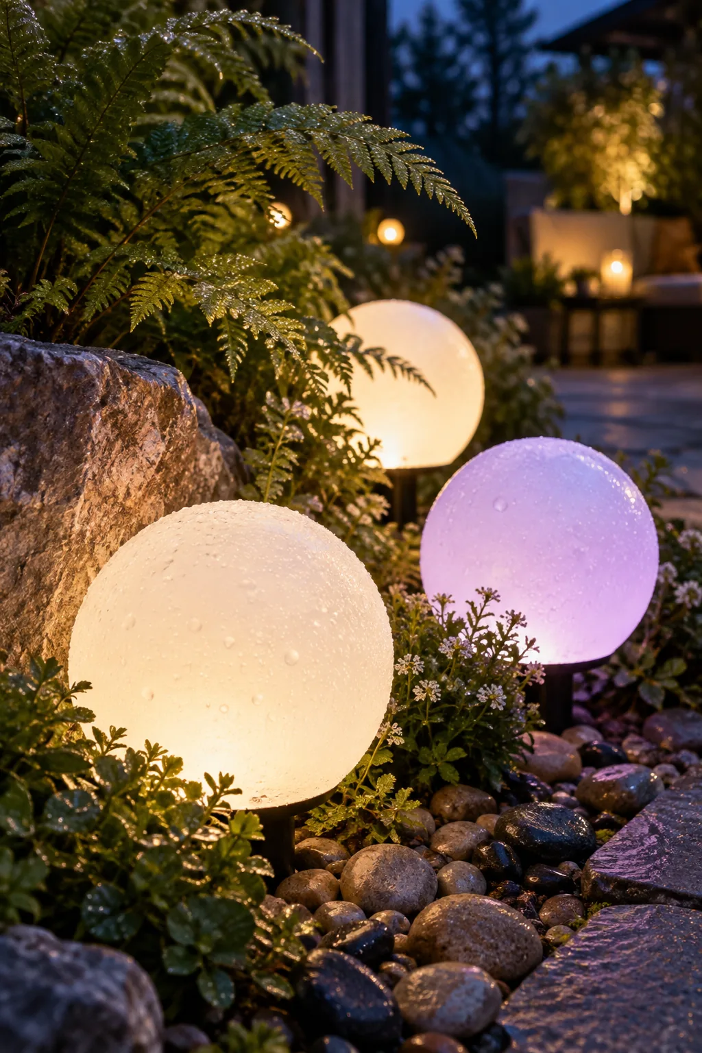 Frosted glowing LED orbs sitting on the grass next to a patio