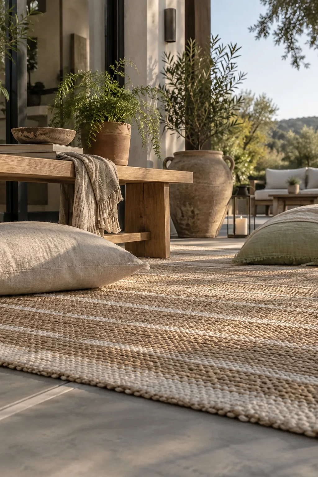 A patterned outdoor rug covering a concrete patio with simple wooden furniture