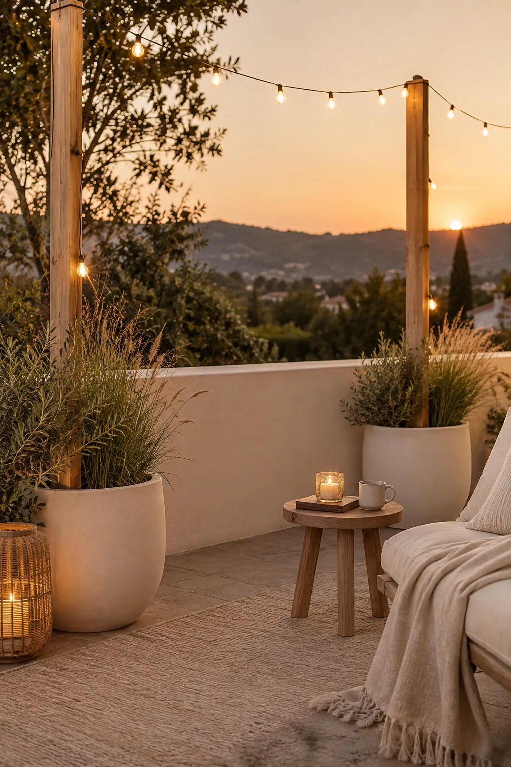 String lights hung across a patio using wooden poles set inside large concrete planters