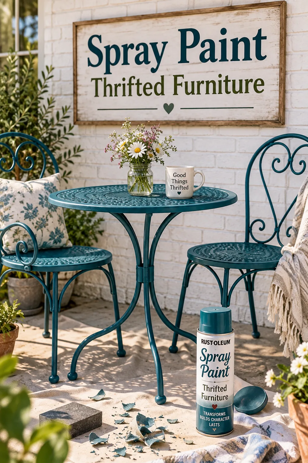 Before and after of a thrifted metal patio chair painted matte black