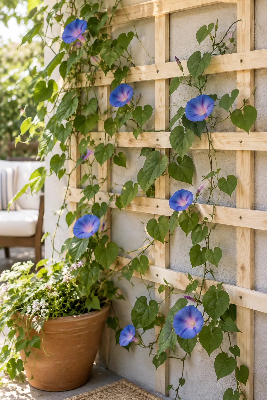 A wooden DIY trellis leaning against a patio wall with green vines growing up it