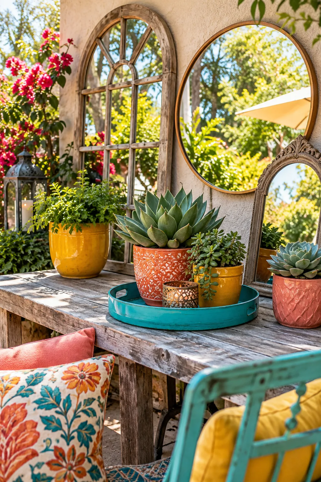 Vintage mirrors hung on a brick wall above a small patio seating area