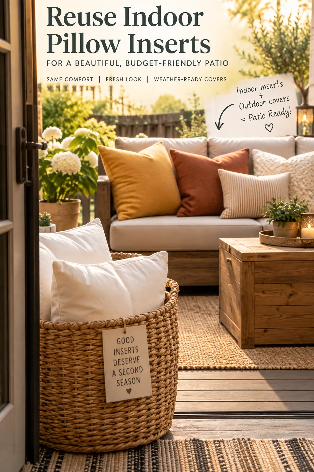 Patio sofa styled with multiple colorful waterproof throw pillows