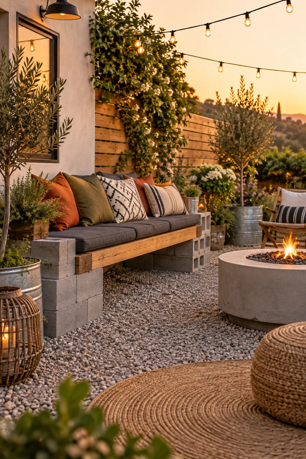 A DIY bench made from gray cinder blocks and wooden posts with a cushion on top