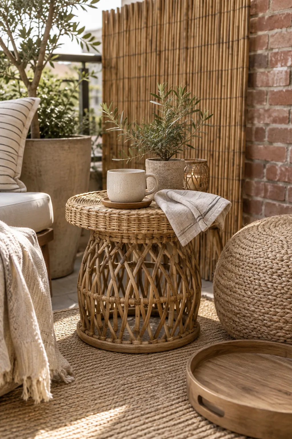 A patio corner featuring a bamboo screen, rattan table, and concrete flooring