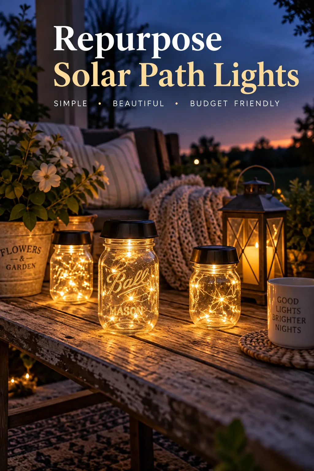 Glass jars on a patio table glowing with solar path light tops inside them