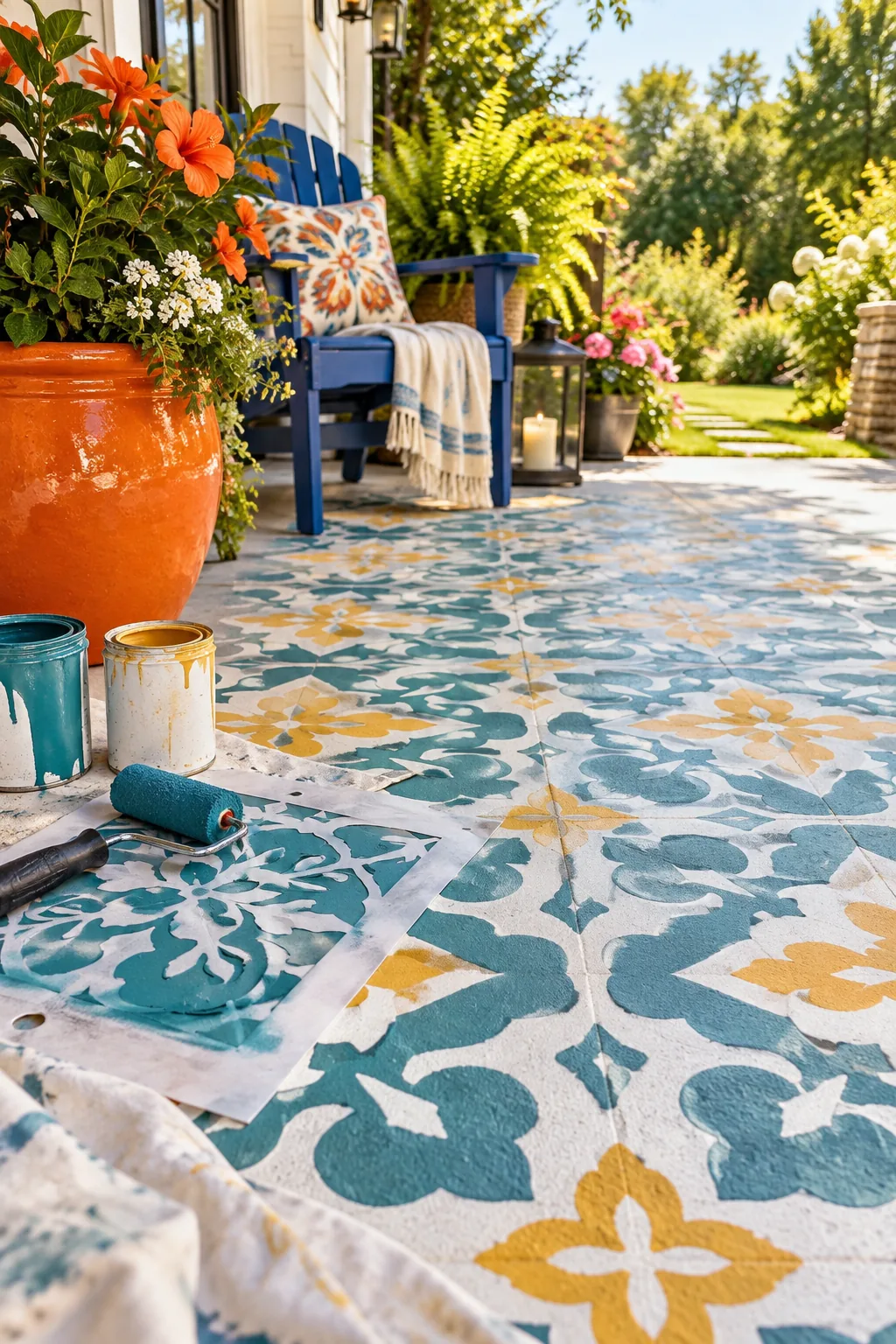 A partially painted concrete patio showing a black and white geometric stencil pattern