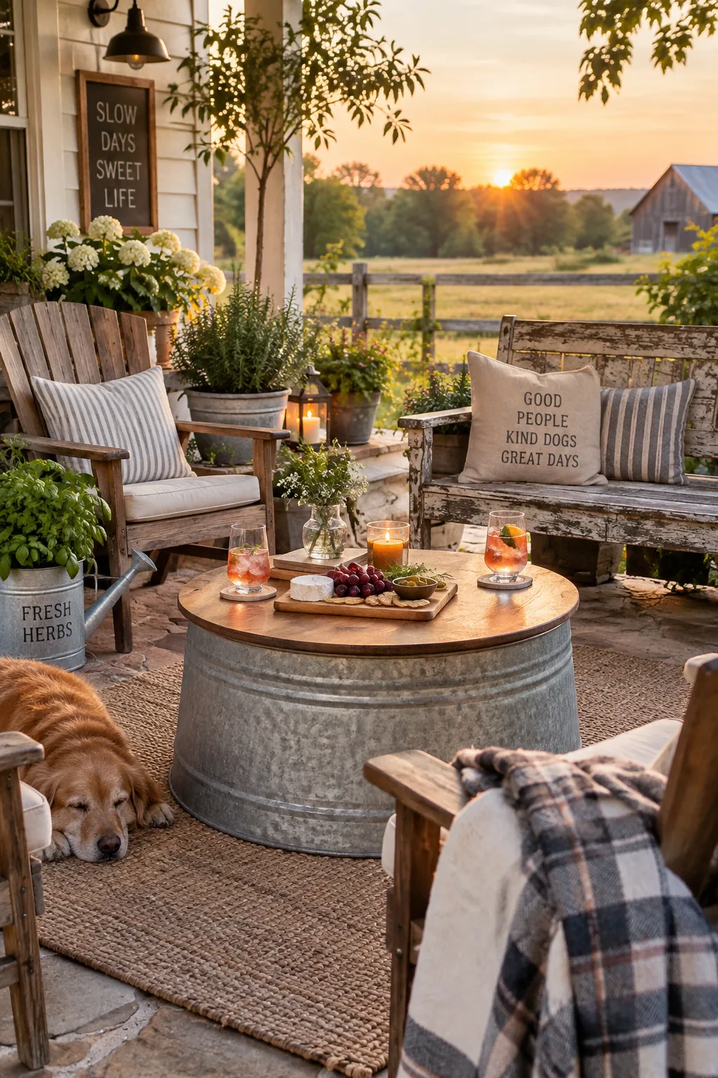 An upside-down galvanized metal tub used as a patio coffee table with a wooden top