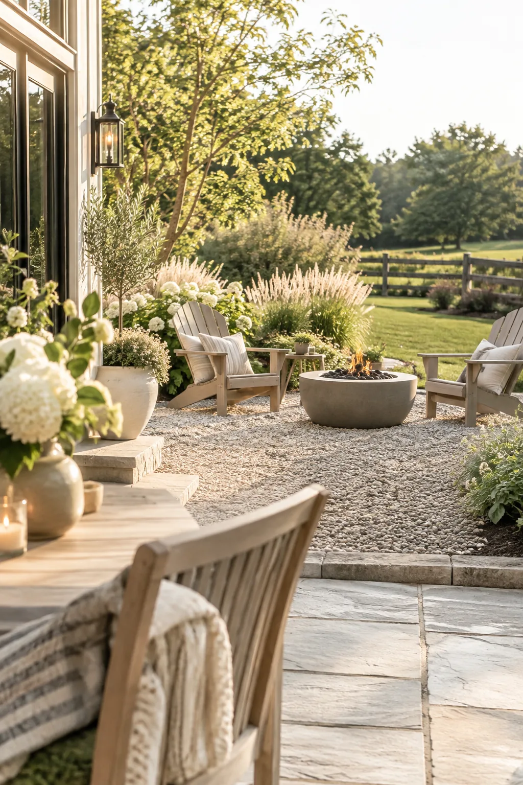 A small concrete patio extended with a pea gravel seating area and fire pit