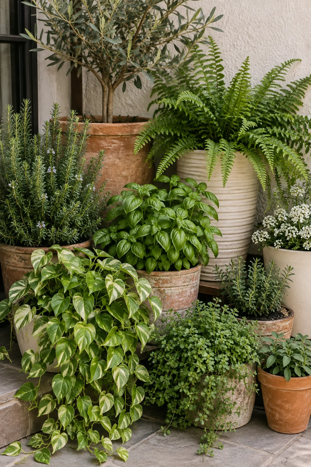 A cluster of various potted plants grouped tightly together in the corner of a patio
