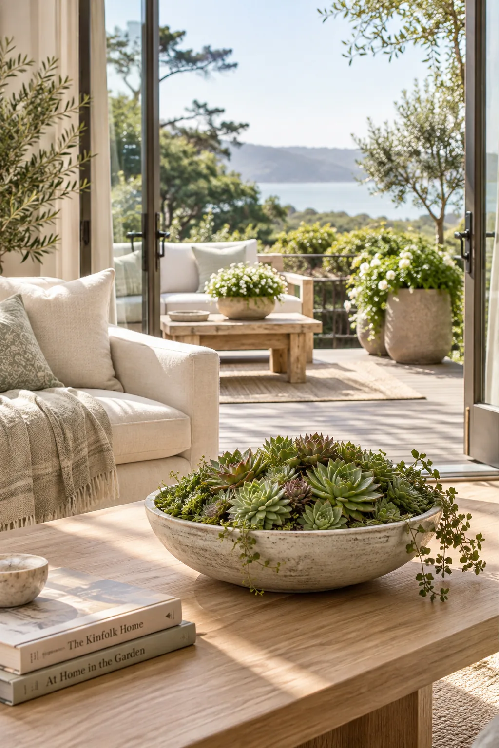 A shallow terracotta bowl filled with tightly packed green and purple succulents sitting on an outdoor wooden coffee table.