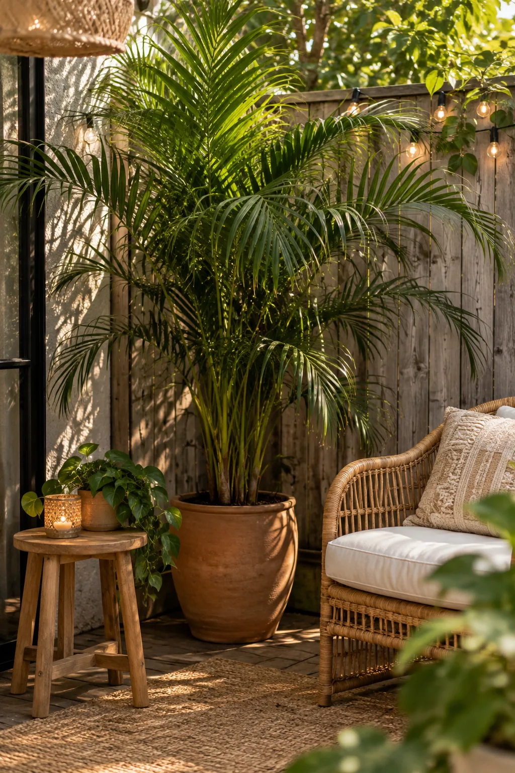 A tall green majesty palm in a woven basket planter standing in the corner of a concrete patio.