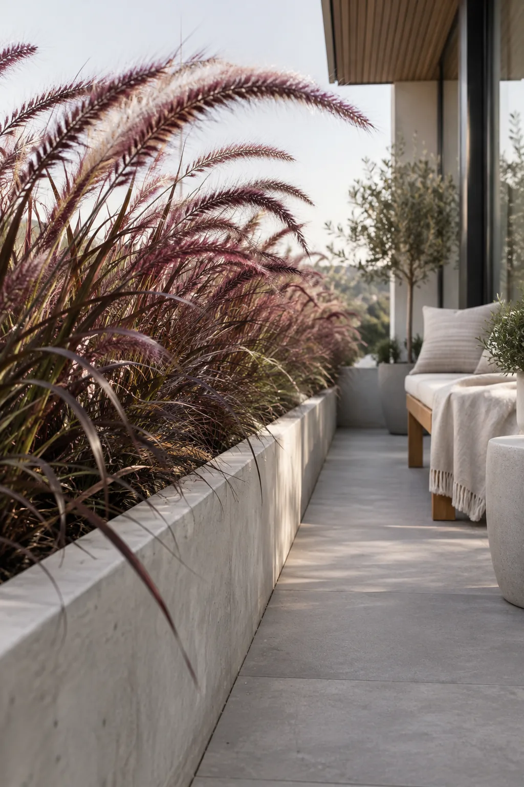 Rectangular black planter box filled with tall purple fountain grass blowing in the wind.