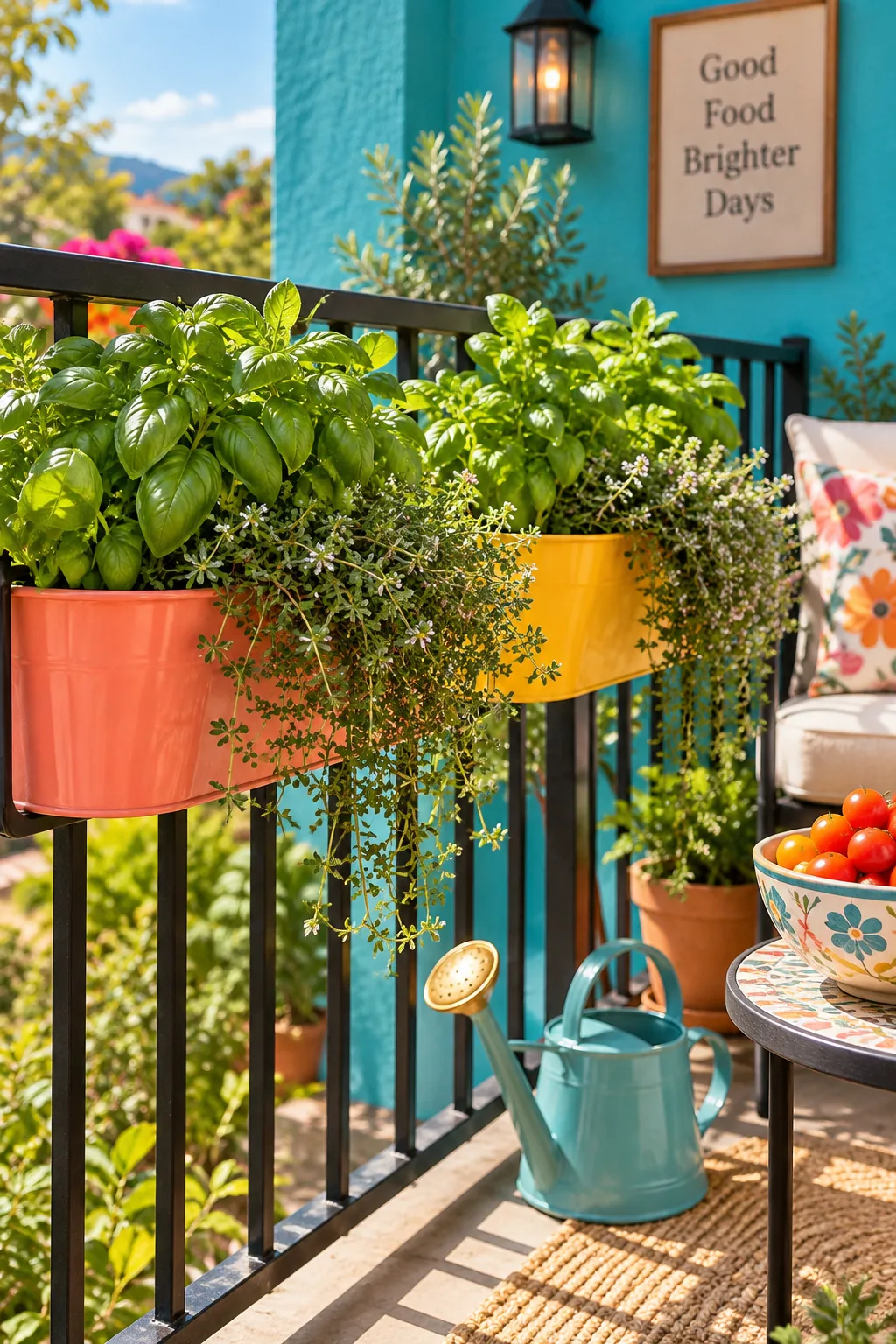 Metal balcony railing with black saddle planters overflowing with fresh green basil and trailing thyme.