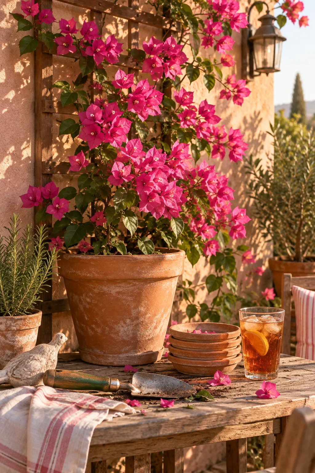 Vibrant pink bougainvillea climbing a wooden trellis from a large terracotta pot.